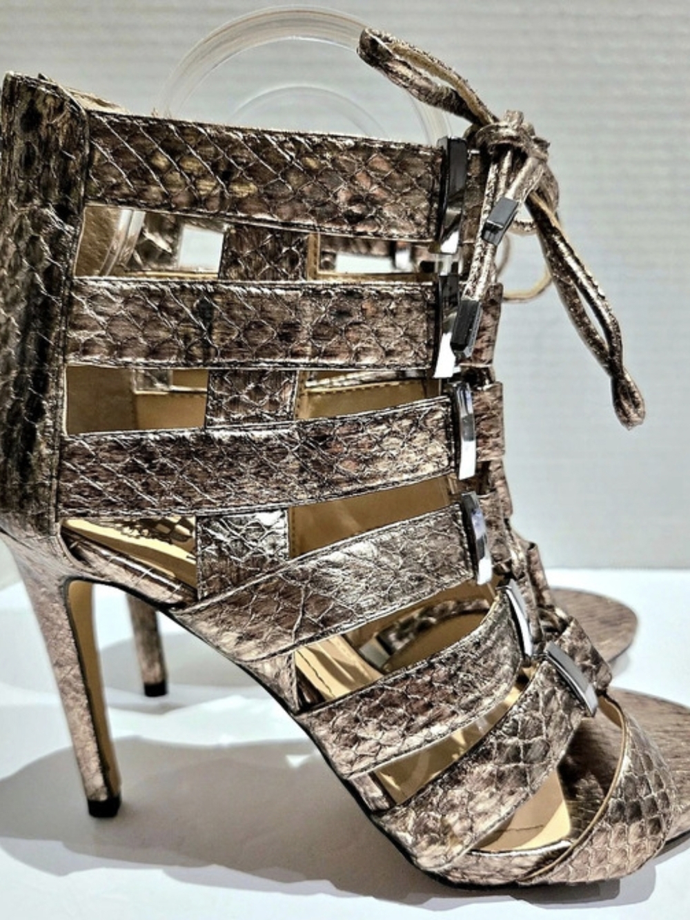 Vince Camuto "Fionna" Gold Snake Print Caged Stiletto Sandals NEW